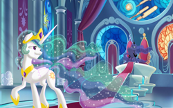 Size: 4000x2500 | Tagged: safe, artist:theroyalprincesses, princess celestia, princess luna, alicorn, pony, g4, canterlot throne room, carpet, crown, duo, ethereal mane, female, folded wings, goodnight, jewelry, looking at each other, mare, peytral, pillar, red carpet, regalia, royal sisters, sitting, smiling, stained glass, starry mane, throne room, transparent mane, wings