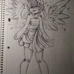 Size: 1080x1080 | Tagged: safe, artist:nickellmollibden134, oc, oc only, pegasus, anthro, :p, blushing, clothes, ear fluff, eyes closed, graph paper, pegasus oc, skirt, spread wings, tongue out, traditional art, wings
