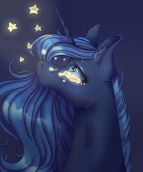 Size: 1080x1296 | Tagged: dead source, safe, artist:mayguay, princess luna, alicorn, pony, g4, bust, crying, ear fluff, female, looking up, mare, night, solo, stars