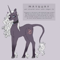 Size: 1080x1080 | Tagged: dead source, safe, artist:mayguay, oc, oc only, pony, unicorn, choker, colored hooves, ear fluff, female, horn, jewelry, leonine tail, mare, necklace, reference sheet, simple background, solo, unicorn oc