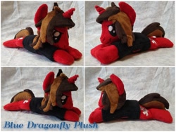 Size: 1280x960 | Tagged: safe, artist:bluedragonflyplush, pony, unicorn, all time low, clothes, commission, horn, irl, jack barakat, male, photo, plushie, ponified, prone, shirt, solo, stallion, t-shirt