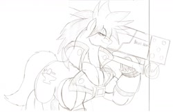 Size: 1280x823 | Tagged: safe, artist:droll3, earth pony, pony, crossover, guilty gear, monochrome, ponified, simple background, sketch, sol badguy, steel, traditional art, weapon, white background, xrd