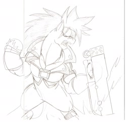 Size: 1280x1232 | Tagged: safe, artist:droll3, earth pony, pony, crossover, guilty gear, monochrome, ponified, simple background, sketch, sol badguy, steel, traditional art, weapon, white background, xrd