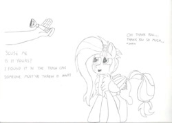 Size: 960x686 | Tagged: safe, artist:laurelcrown, kerfuffle, oc, oc only, pegasus, pony, g4, rainbow roadtrip, black and white, grayscale, monochrome, pencil drawing, solo, traditional art, wholesome