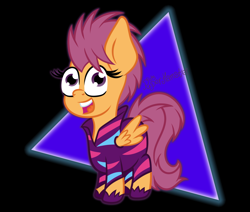 Size: 1542x1305 | Tagged: safe, artist:puperhamster, scootaloo, pegasus, pony, g4, the show stoppers, abstract background, alternate hairstyle, clothes, cute, cutealoo, female, filly, show stopper outfits, simple background, solo