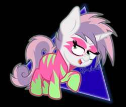Size: 1542x1305 | Tagged: safe, artist:puperhamster, sweetie belle, pony, unicorn, g4, the show stoppers, abstract background, alternate hairstyle, clothes, female, filly, show stopper outfits, simple background, solo