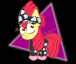 Size: 1542x1305 | Tagged: safe, artist:puperhamster, apple bloom, earth pony, pony, g4, the show stoppers, abstract background, alternate hairstyle, clothes, female, filly, show stopper outfits, simple background, solo