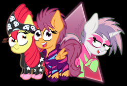 Size: 2200x1500 | Tagged: safe, artist:puperhamster, apple bloom, scootaloo, sweetie belle, earth pony, pegasus, pony, unicorn, g4, the show stoppers, abstract background, adorabloom, alternate hairstyle, clothes, cute, cutealoo, cutie mark crusaders, diasweetes, female, filly, show stopper outfits, trio