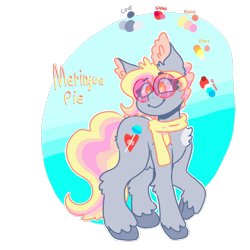 Size: 1200x1200 | Tagged: safe, artist:uwus, oc, oc only, oc:meringue pie, earth pony, pony, chest fluff, chubby, clothes, freckles, full body, glasses, next generation, parents:derpypie, reference, scarf, smiling, solo, unshorn fetlocks
