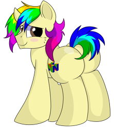 Size: 5150x5800 | Tagged: safe, artist:rainbowtashie, oc, oc only, oc:rainbow tashie, earth pony, pony, adorable face, butt, commissioner:bigonionbean, cute, cutie mark, embarrassed, extra thicc, flank, male, plot, rule 63, simple background, stallion, the ass was fat, transparent background, writer:bigonionbean