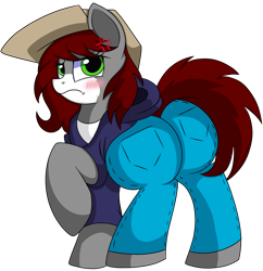 Size: 5900x6100 | Tagged: safe, artist:rainbowtashie, oc, oc only, oc:khaki-cap, pony, blushing, butt, clothes, commissioner:bigonionbean, embarrassed, extra thicc, female, flank, hat, hoodie, jean thicc, mare, pants, plot, rule 63, shirt, simple background, solo, the ass was fat, transparent background, writer:bigonionbean