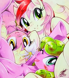Size: 1820x2048 | Tagged: safe, artist:025aki, daisy, flower wishes, lily, lily valley, roseluck, earth pony, pony, semi-anthro, blushing, breasts, female, flower trio, looking at you, mare, one eye closed, pixiv, smiling, traditional art, wink