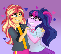 Size: 3000x2648 | Tagged: safe, artist:emera33, sci-twi, sunset shimmer, twilight sparkle, human, equestria girls, g4, my little pony equestria girls: better together, bilight sparkle, bisexual pride flag, bowtie, clothes, duo, female, glasses, grin, heart, high res, holding hands, jacket, leather jacket, lesbian, looking at each other, ponytail, pride, pride flag, ship:sci-twishimmer, ship:sunsetsparkle, shipping, shirt, skirt, smiling, sunset shimmer is bisexual