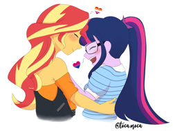 Size: 2584x1952 | Tagged: safe, artist:lilimani8, sci-twi, sunset shimmer, twilight sparkle, human, equestria girls, equestria girls series, g4, bisexual pride flag, blushing, clothes, duo, eyes closed, female, glasses, happy, heart, high res, leather vest, lesbian, lesbian pride flag, open mouth, ponytail, pride, pride flag, ship:sci-twishimmer, ship:sunsetsparkle, shipping, shirt, simple background, white background