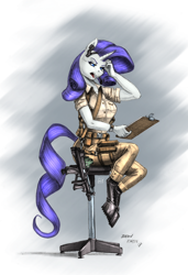 Size: 1368x2000 | Tagged: safe, alternate version, artist:baron engel, artist:catd, artist:catd-nsfw, color edit, edit, rarity, unicorn, anthro, g4, belt, boots, chair, clipboard, clothes, colored, female, gun, headset, office chair, open mouth, pants, pp-2000, rig, shoes, solo, submachinegun, uniform, weapon