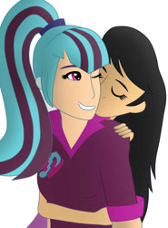 Size: 564x764 | Tagged: safe, artist:thesleeplessbeholder, octavia melody, sonata dusk, human, g4, cute, female, holding, holding each other, human coloration, humanized, kissing, lesbian, romantic, shading, shading practice, shipping, sonatabetes, sontavia