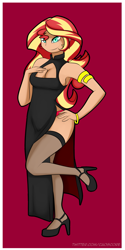 Size: 1593x3193 | Tagged: safe, artist:caoscore, sunset shimmer, human, equestria girls, g4, armlet, boob window, breasts, cheongsam, cleavage, clothes, female, high heels, high-cut clothing, jewelry, panties, pose, red underwear, shoes, side slit, solo, stockings, thigh highs, total sideslit, underwear