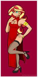 Size: 1593x3193 | Tagged: safe, artist:caoscore, sunset shimmer, human, g4, armlet, black underwear, boob window, breasts, cheongsam, cleavage, clothes, female, high heels, high-cut clothing, humanized, jewelry, panties, pose, shoes, side slit, solo, stockings, thigh highs, total sideslit, underwear