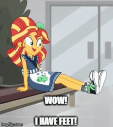 Size: 260x292 | Tagged: safe, derpibooru exclusive, edit, edited screencap, editor:icicle-niceicle-1517, screencap, sunset shimmer, equestria girls, g4, good vibes, my little pony equestria girls: summertime shorts, animated, apron, captain obvious, clothes, converse, cropped, cute, feet, female, gif, happi, imgflip, loop, meme, shimmerbetes, shoes, sitting, socks, sunset sushi, uniform