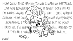 Size: 1200x675 | Tagged: safe, artist:pony-berserker, rarity, pony, unicorn, pony-berserker's twitter sketches, g4.5, my little pony: pony life, dropped ice cream, food, glowing horn, horn, how could this happen to me, ice cream, ice cream cone, lyrics, magic, marshmelodrama, monochrome, obscured text, rarity being rarity, simple plan, sketch, song reference, telekinesis, text, untitled (song)