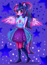 Size: 1100x1500 | Tagged: safe, artist:meqiopeach, derpibooru exclusive, sci-twi, twilight sparkle, equestria girls, g4, my little pony equestria girls: better together, blushing, clothes, female, looking at you, ponied up, ponytail, shoes, simple background, skirt, smiling, solo, spread wings, twilight sparkle (alicorn), wings