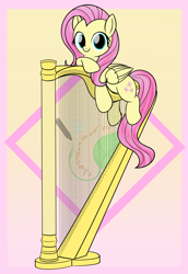 Size: 2816x4096 | Tagged: safe, artist:neige de printdemps, fluttershy, pegasus, pony, g4, cute, cyan eyes, female, harp, lying down, mare, musical instrument, pink mane, shyabetes, smiling