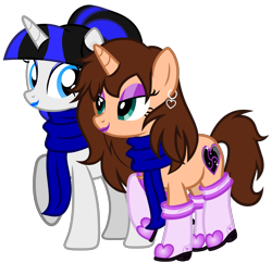 Size: 4138x4000 | Tagged: safe, artist:severity-gray, oc, oc:chloe adore, oc:coldlight bluestar, pony, unicorn, absurd resolution, blue eyeshadow, blue lipstick, boots, clothes, couple, cute, cutie mark, eyeshadow, female, lesbian, lipstick, makeup, mare, mistress, pair, piercing, ponytail, purple eyeshadow, purple lipstick, scarf, seductive, seductive look, shared clothing, shared scarf, shoes, simple background, subdorable, submissive, transparent background