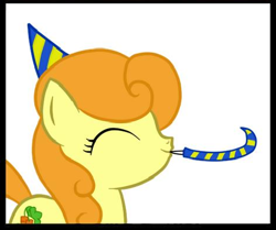 Size: 472x395 | Tagged: safe, carrot top, golden harvest, earth pony, pony, g4, eyes closed, hat, noisemaker, party hat, reaction image, smiling