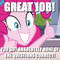 Size: 1080x1080 | Tagged: safe, edit, edited screencap, screencap, pinkie pie, equestria girls, g4, my little pony equestria girls: better together, bait and switch, caption, image macro, text