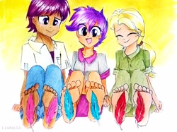 Size: 3086x2309 | Tagged: safe, artist:liaaqila, mane allgood, scootaloo, snap shutter, equestria girls, g4, barefoot, clothes, commission, crying, equestria girls-ified, eyes closed, family, father and child, father and daughter, feather, feet, female, fetish, foot fetish, high res, jeans, laughing, lip bite, male, male feet, mother and child, mother and daughter, older, older scootaloo, open mouth, pants, ship:maneshutter, shipping, shirt, shorts, skirt, soles, stifling laughter, straight, tears of laughter, tickle torture, tickling, traditional art