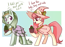 Size: 1280x920 | Tagged: safe, artist:cloud-fly, oc, oc only, earth pony, pony, abstract background, cactus, clothes, commission, dialogue, duo, female, hat, mare, simple background, transparent background, witch hat, ych result
