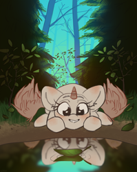 Size: 2047x2566 | Tagged: safe, artist:klooda, pony, advertisement, blushing, commission, cute, detailed, detailed background, female, forest, high res, lake, leaves, lying down, lying in grass, mare, reflection, smiling, solo, tree, your character here