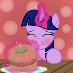 Size: 1235x1234 | Tagged: safe, artist:badumsquish, derpibooru exclusive, twilight sparkle, alicorn, pony, derpibooru, g4, abstract background, blushing, borgarposting, burger, eating, eyes closed, female, food, glowing, glowing horn, happy, horn, looking up, magic, meat, meta, plate, ponies eating meat, show accurate, solo, telekinesis, that pony sure does love burgers, twilight burgkle, twilight sparkle (alicorn)