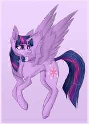 Size: 2300x3200 | Tagged: safe, artist:holoriot, twilight sparkle, alicorn, pony, g4, colored hooves, colored pupils, concave belly, ear fluff, female, high res, mare, purple background, simple background, slender, solo, spread wings, thin, twilight sparkle (alicorn), wings