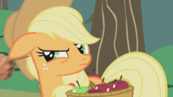 Size: 640x360 | Tagged: safe, edit, edited screencap, editor:hotkinkajou, screencap, applejack, earth pony, human, pony, applebuck season, g4, angry, animated, annoyed, annoying, apple, basket, cute, disembodied hand, female, floppy ears, food, gif, hand, jackabetes, madorable, mare, solo focus, this will end in pain