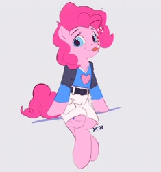 Size: 2372x2526 | Tagged: safe, artist:drafthoof, pinkie pie, earth pony, semi-anthro, g4, arm hooves, candy, candy cane, clothes, cute, diapinkes, female, food, high res, jacket, shorts, sitting, solo, tongue out