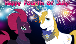 Size: 2064x1204 | Tagged: safe, fizzlepop berrytwist, prince blueblood, tempest shadow, pony, unicorn, g4, 4th of july, american independence day, berryblood, female, fireworks, friendship, friendshipping, holiday, male, night, shipping, shipping fuel, smiling, straight, this will end in friendship, truce, when he smiles, when she smiles