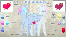 Size: 2560x1440 | Tagged: safe, artist:shinningblossom12, oc, oc only, oc:shinning blossom, demon, demon pony, original species, pegasus, pony, chest fluff, duo, eyes closed, female, heart, horns, mare, pegasus oc, pencil, reference sheet, wings