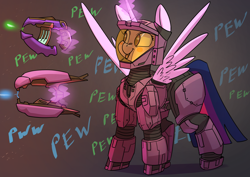Size: 3508x2480 | Tagged: safe, artist:underpable, twilight sparkle, alicorn, pony, g4, :p, armor, blush sticker, blushing, clothes, cute, female, fire team harmony, glowing horn, gray background, gun, halo (series), high res, horn, laser, levitation, magic, mare, pew pew, simple background, smiling, solo, spread wings, suit, telekinesis, tongue out, twiabetes, twilight sparkle (alicorn), weapon, wings