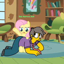 Size: 768x768 | Tagged: safe, artist:haileykitty69, fluttershy, human, pegasus, pony, g4, crossover, crossover shipping, cursed image, female, fluttermour, male, over the knee, punishment, seymour skinner, shipping, spanking, the simpsons