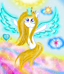Size: 1300x1500 | Tagged: safe, artist:php185, oc, oc only, oc:sparkle light, alicorn, pony, crown, jewelry, magic, regalia, sky, solo, sun, wings