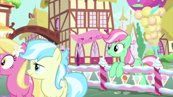Size: 1280x720 | Tagged: safe, screencap, cultivar, lily, lily valley, minty, minty (g4), g3, g4, sundae sundae sundae, spoiler:interseason shorts, balloon, cute, mintybetes, ponyville