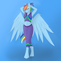 Size: 2048x2048 | Tagged: safe, artist:lunathemoongod, rainbow dash, pegasus, anthro, g4, alternate hairstyle, arm behind head, clothes, female, high res, mare, ponytail, simple background, solo, sports, tying hair, wings
