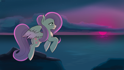 Size: 5333x3000 | Tagged: safe, artist:exploretheweb, fluttershy, pegasus, pony, g4, cloud, female, flying, mare, ocean, rock, sky, smiling, solo, sunset