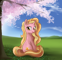 Size: 1666x1608 | Tagged: safe, artist:exploretheweb, luster dawn, pony, unicorn, g4, cherry blossoms, cloud, female, flower, flower blossom, grass, looking at you, mare, sitting, sky, smiling, solo, tree