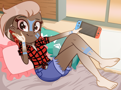Size: 1180x884 | Tagged: safe, artist:noreentheartist, artist:virumi, oc, oc only, oc:matoka, equestria girls, g4, barefoot, base used, bed, bedroom, belt, blanket, clothes, commission, controller, ear piercing, earring, equestria girls-ified, feather, feet, female, flannel, jewelry, joycon, markings, nintendo, nintendo switch, piercing, pillow, shorts, solo, tattoo, window, ych result