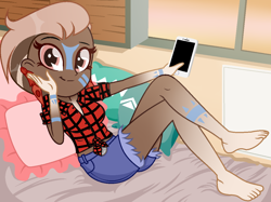 Size: 1180x884 | Tagged: safe, alternate version, artist:noreentheartist, artist:virumi, oc, oc only, oc:matoka, equestria girls, g4, barefoot, base used, bed, bedroom, belt, blanket, clothes, commission, ear piercing, earring, equestria girls-ified, feather, feet, female, flannel, iphone, jewelry, markings, phone, piercing, pillow, shorts, solo, tattoo, window, ych result