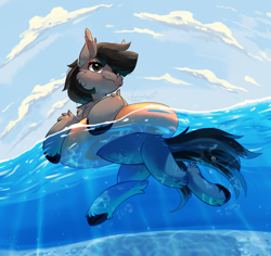 Size: 2500x2361 | Tagged: safe, artist:peachmayflower, oc, oc only, oc:grey matter, earth pony, pony, cloud, floating, high res, inner tube, solo, water