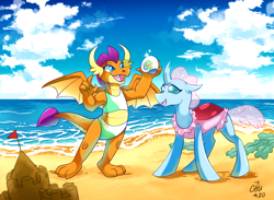 Size: 1280x936 | Tagged: safe, artist:raizy, ocellus, smolder, changedling, changeling, dragon, beach, bikini, castle, clothes, commission, cute, daaaaaaaaaaaw, diaocelles, dragoness, duo, featured image, female, hnnng, midriff, ocean, one-piece swimsuit, sand, sandcastle, seashell, shell, signature, smolderbetes, sunny day, sweet dreams fuel, swimsuit, tankini, weapons-grade cute