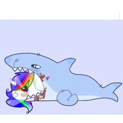 Size: 768x768 | Tagged: dead source, safe, artist:diakitty_art, oc, oc only, pony, shark, unicorn, base used, blood, blush sticker, blushing, fake blood, grimcute, horn, misleading thumbnail, multicolored hair, not vore, rainbow hair, sharp teeth, sleeping bag, smiling, solo, teeth, unicorn oc